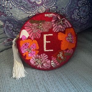 Anthropologie Red Beaded Initial Circle Clutch (E)